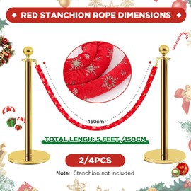 Vincreem Christmas Red Velvet Stanchion Rope 5 Ft Crowd Control Barriers with Gold Hooks Xmas Red Carpet Ropes for Christmas Events Banquets Parties Movie Theater Opening (4 Pack,Snowflake)