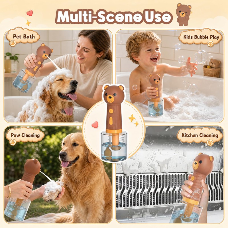 Electric Dog Shampoo Dispenser, IPX7 Waterproof, 400ml Bear Design