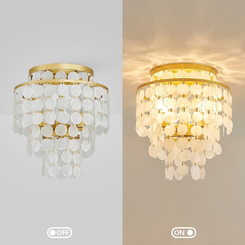 GlowEasely Modern Capiz Shell Chandelier Ceiling Light, Costal Design Close