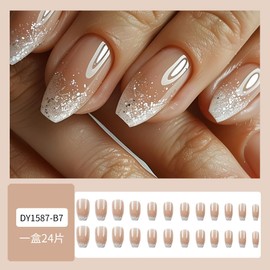 Press on Nails Medium Square Coffin Nude White Glitter French Tip Fake Nails Short with Designs Full Cover False Nails Square French Tip Glue on Nails Cute Acrylic Thick Stick on Nails for Women Nails Art 24Pcs DY1587-B7