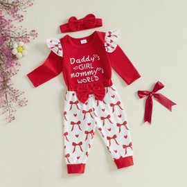 DNOMAID YZARC Newborn Baby Girl Valentines Day Outfit Ruffle Long Sleeve Romper Bodysuit Long Pants Headband 3Pcs Clothes Set (Red A, 6-9 Months)