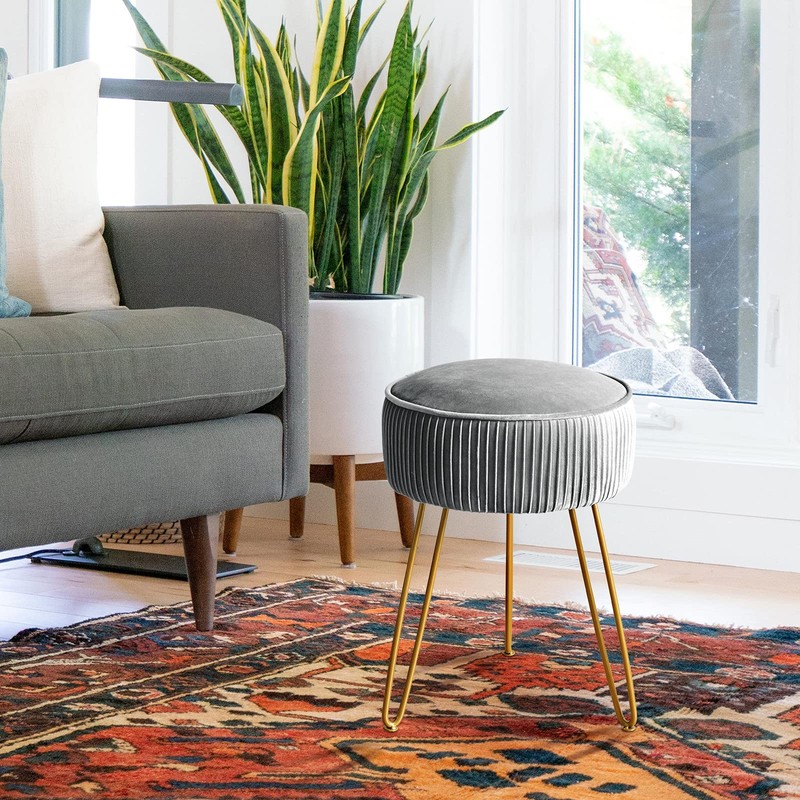 LUE BONA Pleated Vanity Stool, Velvet Upholstered Vanity Stool for