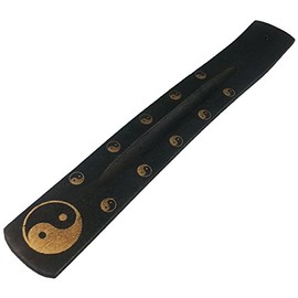 Golden Yin Yang Incense Tray - Black weathered wood with gold Yin Yang motif on a classic incense holder