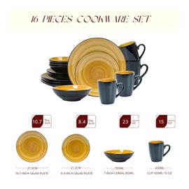 HomeVss Sonoma 16 Piece Stoneware Dinner Set, Outside Black + Inside Handpainted Color Yellow with speckle