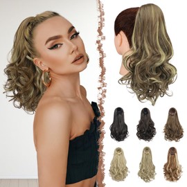 FESHFEN Drawstring Ponytail Extension, 15 inch Classic Loose Curly Wavy Synthetic Pony tails Hair Extensions Hairpieces for Women, Light Brown & Blonde
