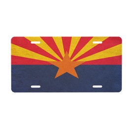 License Plate 6x12 Inches，Leather Texture USA Arizona Flag License Plate Vintage Freedom Effect Grunge Style American State Patriotism Front Plate Durable Automotive Metal Car Tag for Vehicle Sedan