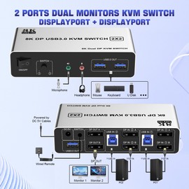8K@60Hz USB 3.0 DisplayPort KVM Switch Dual Monitor 2 Computers, 8K KVM Switch DP 2 in 2 Out with Audio Microphone and 3 USB 3.0 Ports, 2 Computers 2 Monitors Keyboard Mouse Switcher