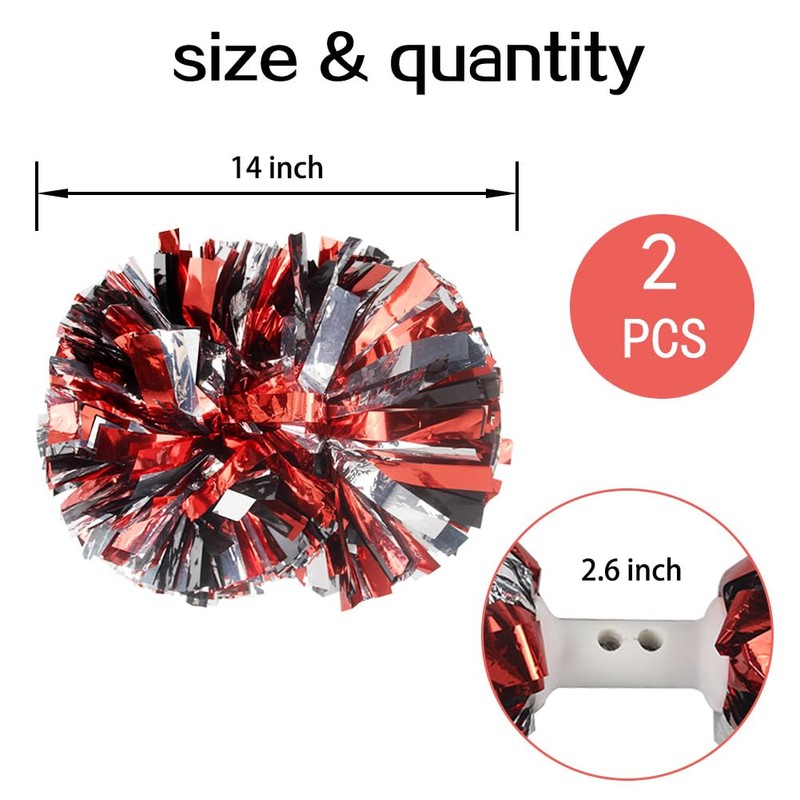 Hooshing 2PCS Red and Black and Silver Pom Poms Cheerleading