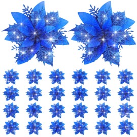 24 Pieces Poinsettia Christmas Decorations Glitter Poinsettia Flowers 5.5 Inch Poinsettias Artificial Christmas Flowers for Christmas Tree Ornament Party Decorations Wreath Garlands(Royal Blue)