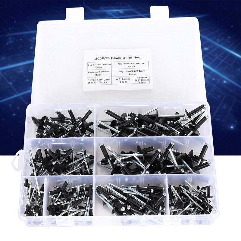 200pcs Black Blind Rivets Steel Mandrel Aluminum Body Pop Rivets
