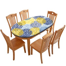 Fitted Dahlia Flower Oval Elastic Edge Tablecloth, Spring Floral Washable Spill Proof Oblong Table Covers, for Holiday Family Banquet and Patio Use, Fits Tables up to 42" W x 60" L, Blue Yellow