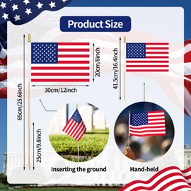 Pack of 12, Handheld American Flags 8x12 Inch - Small USA Flags on Wood Sticks, Detachable Flagpole Ground US Stick Flags for Patriotic Parades, Elections, 4th of July, and Memorial Day Decorations