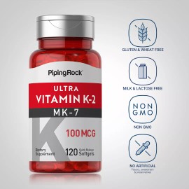 Piping Rock Vitamin K2 MK7 100mcg | 120 Softgels | Non-GMO, Gluten Free | by Piping Rock