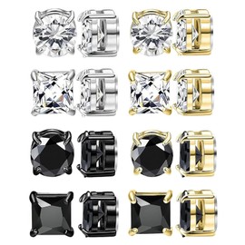 8 Pairs Stainless Steel Magnetic Earrings, Magnetic Zirconia Earrings for Men Women, 6MM/8MM Magnetic Clip On Stud Earrings, Round/Square CZ Inlaid Magnetic Earrings, Non-Piercing Stud Earring (8MM)