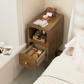 Narrow Nightstand, Solid Wood Night Stand with Drawers, Walnut Mid Century Modern Nightstand, Small Beside Table with Open Storage Shelf for Bedroom