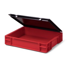 Euro Transport Stacking Box/Storage Container, Red, with Black Lid 400 x 300 x 86 mm (L x W x H), Closed Walls and Base, Made of PPN