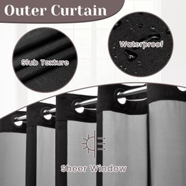 SORTTO No Hook Slub Textured Shower Curtain with Snap in Liner - Black Fabric Outer Curtain & Waterproof Inner Liner, Hotel Style with See Through Top Window, 71x77 in