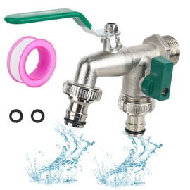‎CTDMJ® Premium 3/4 Zoll Wasserhahn Garten Doppel Wasserhahn Messing Kugelhahn Aussen Frostsicher Auslaufhahn 2* Gratis Schlauchanschlüsse, 1* Rollendichtband, Doppelanschluss und Schlauchtülle
