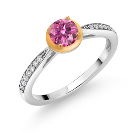 Gem Stone King 925 Silver and 10K Yellow Gold Pink Moissanite and White Lab Grown Diamond Engagement Ring For Women | 0.60 Cttw | Round 5MM | Available In Size 5, 6, 7, 8, 9