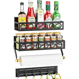 Spice Racks Magnetic for Refrigerator, Magnetic Spice Shelves with Paper Holder, Moveable 6 Hook Rack, Magnetic Fridge Organizer Set(3Pack), BLACK
