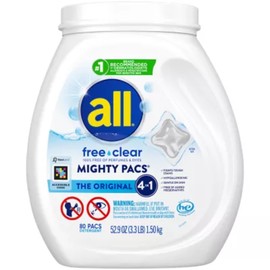 all Free Clear Mighty Pacs Laundry Detergent, for Sensitive Skin, Unscented and Dye Free, 80 Count