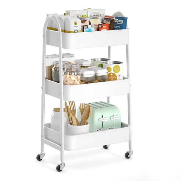 3 Tier Utility Rolling Cart, EAGMAK Metal Storage Cart with Handle and Lockable Wheels, Multifunctional Storage Organizer Trolley with Mesh Baskets for Kitchen, Living Room, Office, Garage (White)