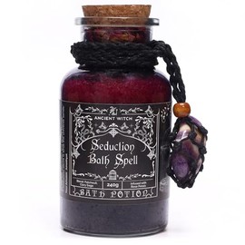 Ancient Witch Bath Spell Potion with Amethyst Crystal Amulet, Seduction Scent, Aromatherapy Bath Salts, Vegan, Natural, Patchouli & Clary Sage, 240g