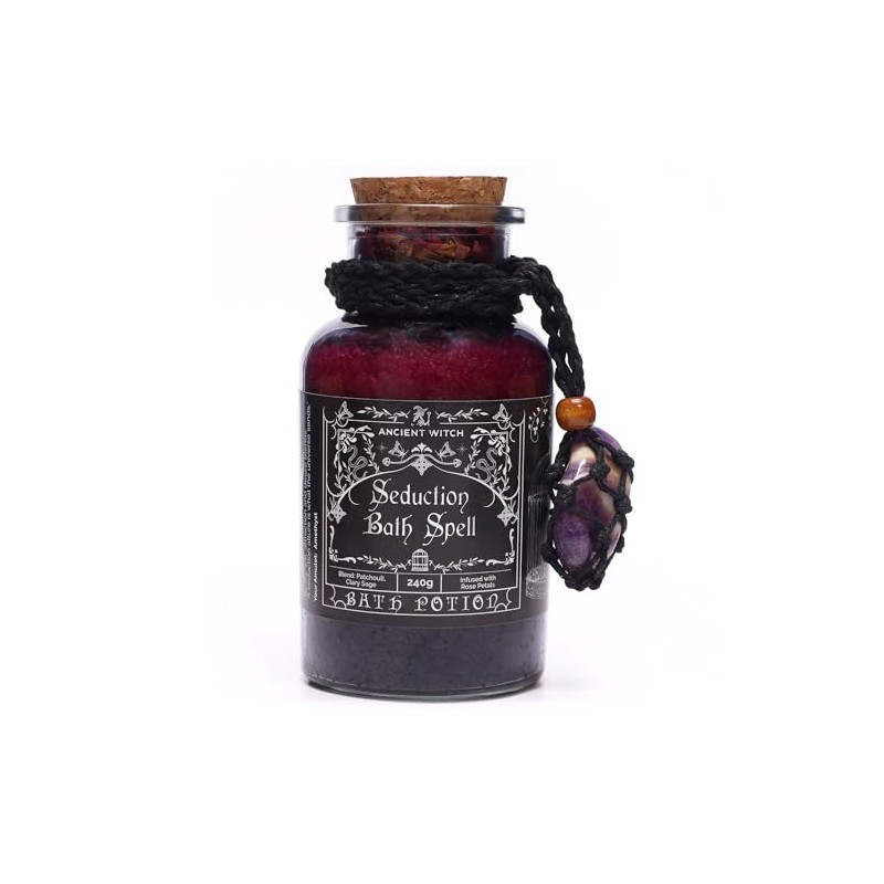 Ancient Witch Bath Spell Potion with Amethyst Crystal Amulet, Seduction