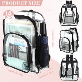 Sanwuta 16 Pcs 17 Inch Clear Backpack Bulk for Students, Heavy Duty PVC Transparent Backpack Stadium Approved Bookbag (Black)
