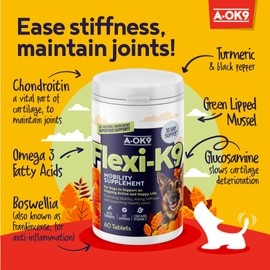 A-OK9 Flexi-K9 Hip and Joint Supplements for Dogs - 60 Tablets - Aids Stiff Joints - Supports Mobility Issues - With Glucosamine & Tumeric - For All Ages & Breeds