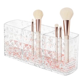 Obsoorth Makeup Brush Holder 3 Slots Acrylic Clear Hair Brush Holder with Pink and White Pearls, Makeup Organizer Brushes for Vanity Office and Bathroom
