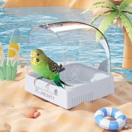 JONS NTY 8.2" Hanging Bird Bath for Cage, Parrot Food Bowl, Transparent 360° View, Bird Cage Accessories, with Cleaning Bottle, for Small Medium Birds, Budgie, Parakeet, Cockatiel, Lovebird, White