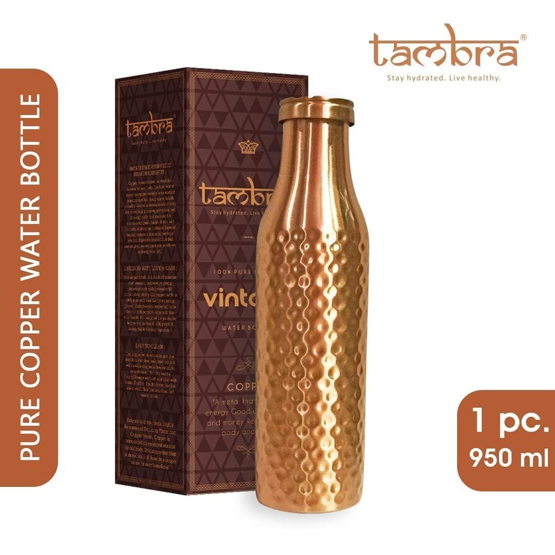 Tambra Pure Copper Jointless Vintage Water Bottle for Drinking, Handcrafted