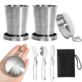 KUHAWL Pack of 2 Stainless Steel Folding Cups, 75 ml Cups, Foldable Stainless Steel, Camping Cup, Foldable Outdoor Telescopic Folding Cup with Foldable Tableware, Portable Folding Cup for Travel,