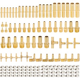 Kodilin 136Pcs Brass Hose Barb Fittings Assortment Kit Barb Splice/Female Adapter/Tee/Male Elbow NPT Thread 1/8" 3/16" 1/4" 5/16" 3/8" 1/2" Air Hose Fittings with Pipe Clamps for Water/Air/Fuel