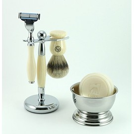 Men's Grooming Set with Fs 100% Pure Badger Ivory Brush, Ivory Brush and Razor Stand, Mach 3 Razor, 97% All Natural Gbs Ocean Driftwood Shave Soap, and Chrome Bowl by GBS