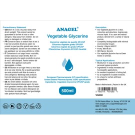 ANAGEL Vegetable Glycerine | EP/USP Grade, NON-GMO, Colourless and Odourless | 500ml