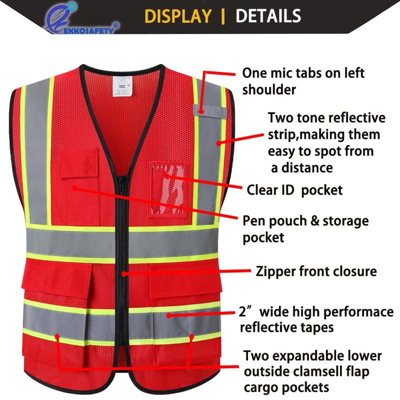 Ekkosafety Reflective Mesh Safety Vest for Men Women with 5
