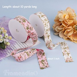 Framendino, 2 Pack Flower Print Wavy Edge Ribbon 20 Yards 1inch Vintage Floral Pattern Ribbons for Bouquet Decor Sewing DIY Making (Pink & Blue)