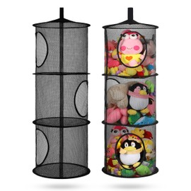 coastal rose 2Pcs Stuffed Animal Storage Foldable Stuffed Animal Net or Hammock Organizer, 3 Compartments Hanging Mesh Toy Storage Hammock for Kid Room Toys, Gloves, Hats, Socks(Black)