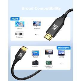 RUIZHI 8K Mini HDMI to HDMI Cable 6FT, High Speed 8K@60Hz 4K@120Hz HDMI 2.0 Cord, Aluminum Shell, Braided Compatible with Camera, Camcorder, Tablet and Graphics/Video Card, Laptop,Raspberry Pi Zero W