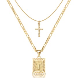 KELORIS PATH Gold Layered Initial Cross Necklace, 14K Gold Plated Layering Square Letter Pendant Figaro Chain Cross Choker from A-Z Capital Jewelry for Women(Letter T)