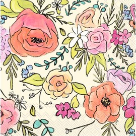 Boston International IHR 3-Ply Cocktail Beverage Paper Napkins, 20-Count, 5 x 5-Inches, Flower Party Cream