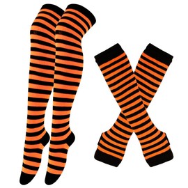 Whakano Long Knee Socks, Arm Warmer Set for Women, Fingerless Gloves, Long Stockings, Autumn Winter, Arm Warmers, Leg Warmers, Thigh High Socks, for Yoga, Running, Party, Festival, Stripes, orange