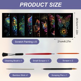 Scratch Pictures Set for Children and Adults, 8 Pieces Rainbow A4 Scratch Paper, Creative Scratch Art Set, Glow in the Dark for Boys & Girls, Christmas Birthday Gift with Scratch Tools Kit