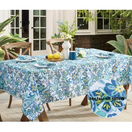 Newbridge Rectangle Fabric Tablecloth, Corfu Mediterranean Blue Paisley, 60 x 102 Inch, Indoor Outdoor Stain and Water Resistant Heavy Weight Table Cover, Shabby Chic Blue Floral