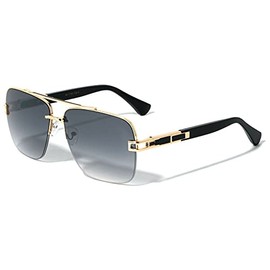 Dweebzilla Elegant Square Semi Rimless Fancy Metal & Plastic Luxury Aviator Sunglasses (Black & Gold Frame, Black Gradient Lenses)