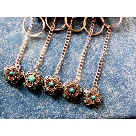 handmade wine CORK KEY CHAIN w/flower silver/black color blue stones (key 12)