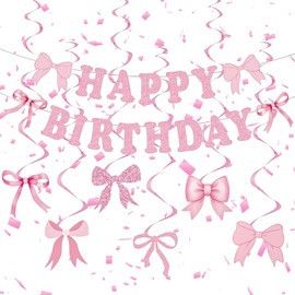 Pink Bow Happy Birthday Banner Party Decoration Hanging Swirls Bow Birthday Banner Set for Girls Woman Party Decor (Pink)