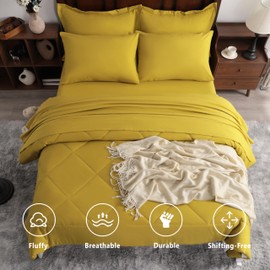 NTBAY Queen Comforter Set With Sheets, 7 Pieces Soft and Breathable Bedding Set, Bed in a Bag, Down Alternative Solid Color All Season, Yellow